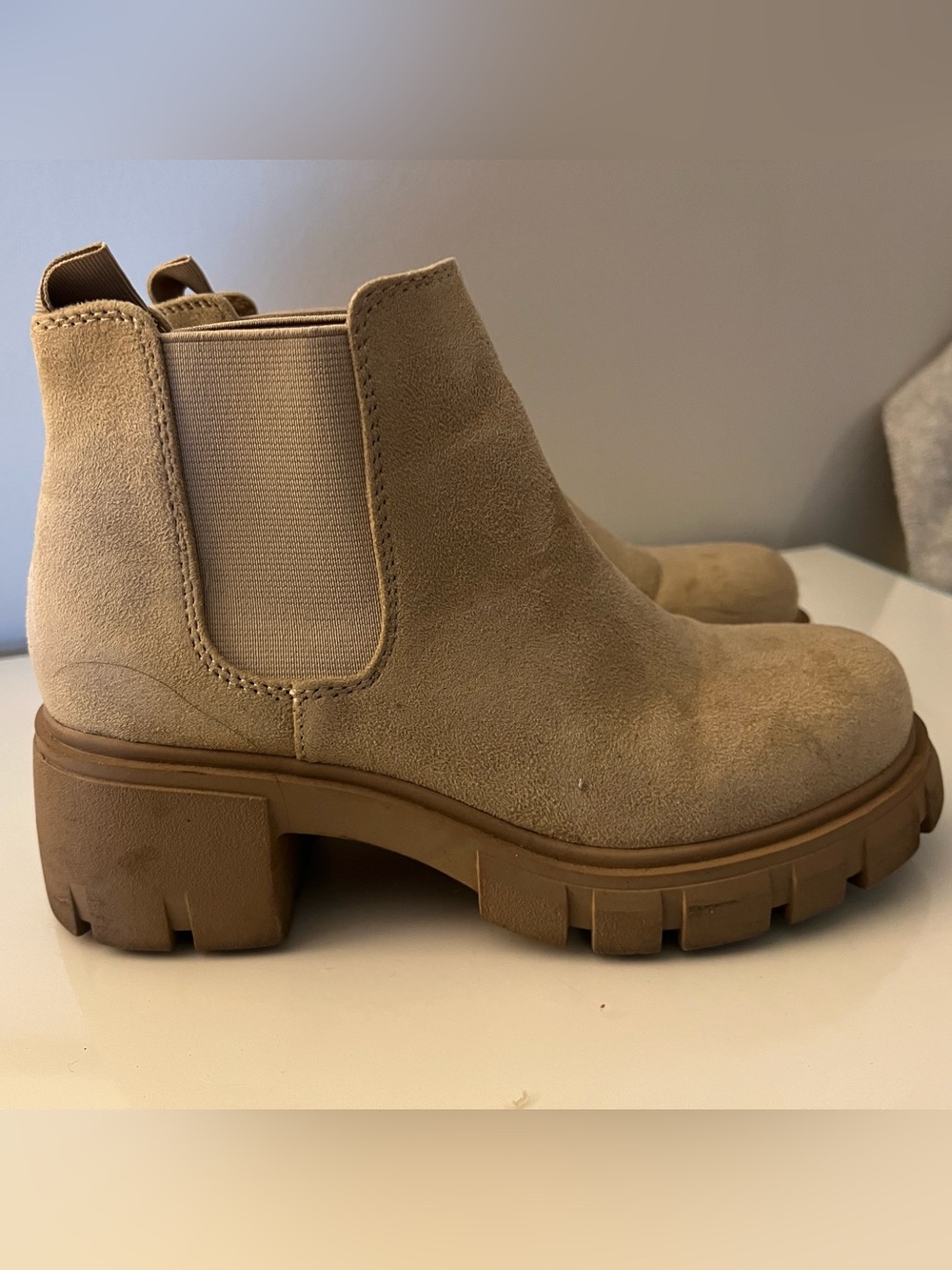 Soda Chunky Chelsea Booties in Tan Suede